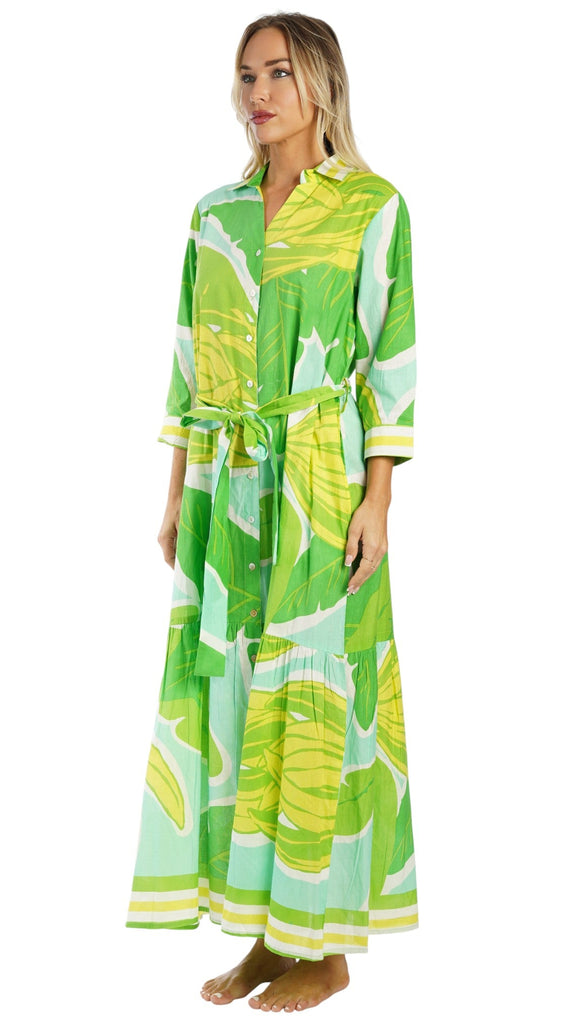 Green Tropical Maxi Shirt Dress – Luxury Resort Wear Vacation Dress  La Moda Clothing
