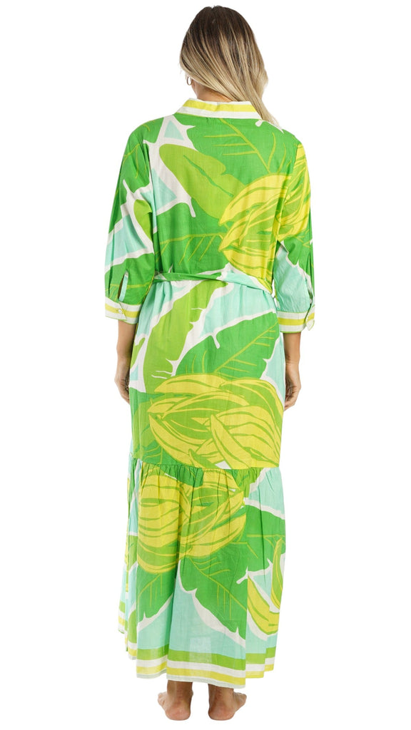 Green Tropical Maxi Shirt Dress – Luxury Resort Wear Vacation Dress  La Moda Clothing