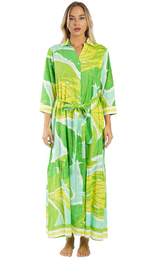Green Tropical Maxi Shirt Dress – Luxury Resort Wear Vacation Dress  La Moda Clothing