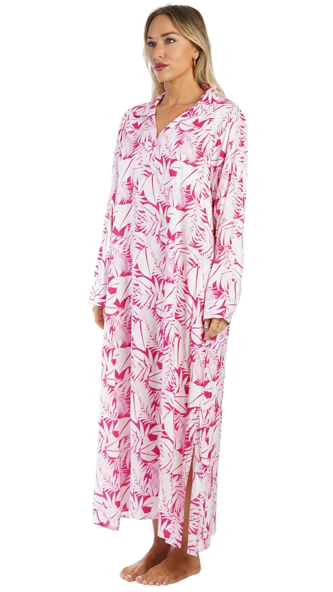 Pink Tropical Maxi Shirt Dress – Luxury Resort Wear Vacation Dress  La Moda Clothing
