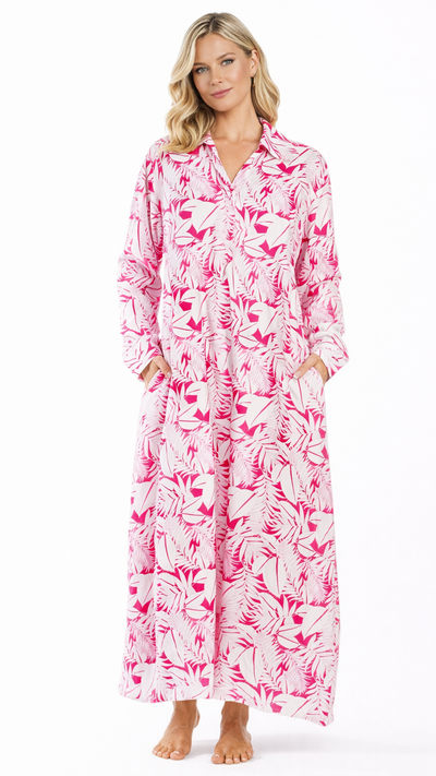 Pink Tropical Maxi Shirt Dress – Luxury Resort Wear Vacation Dress  La Moda Clothing