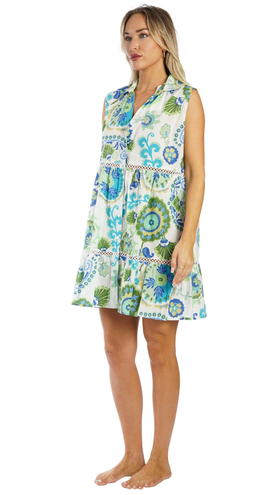 Blue Green Print Resort Mini Dress | Luxury Vacation Dress  La Moda Clothing