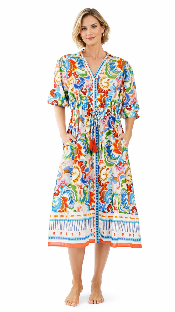 resort midi dress Blue Planet | Resort style printed cross front midi dress