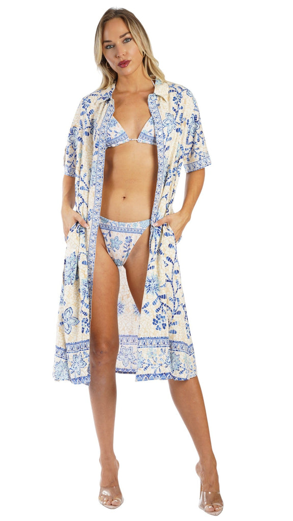 Blue Print Shirt Dress – Luxury Resort Wear Vacation Dress with Pockets  La Moda Clothing