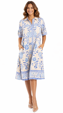 Blue Print Shirt Dress – Luxury Resort Wear Vacation Dress with Pockets  La Moda Clothing