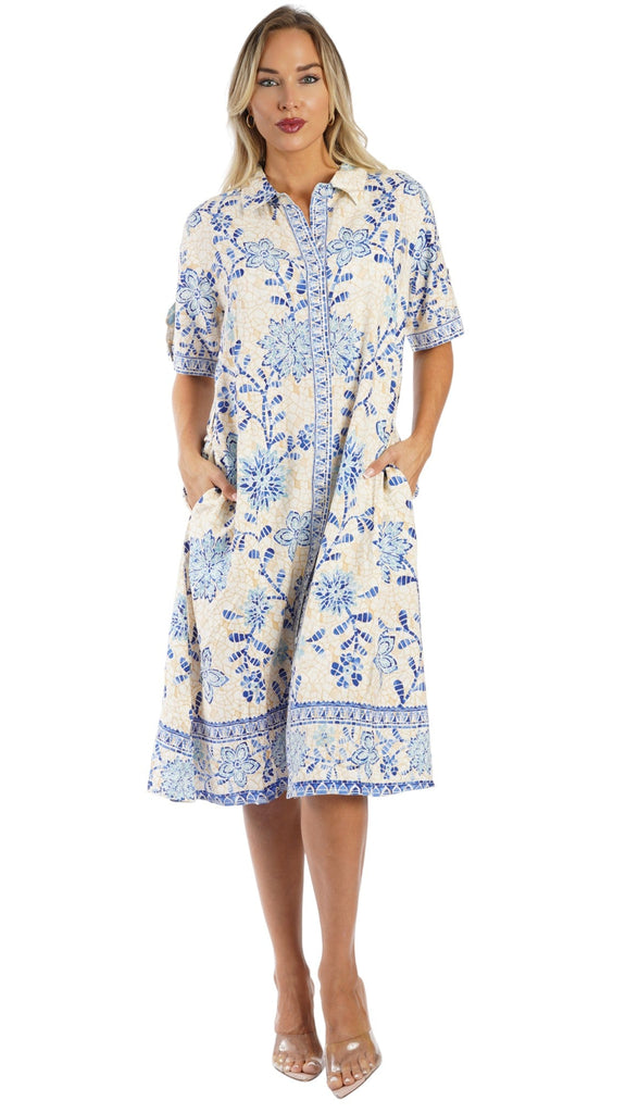 Blue Print Shirt Dress – Luxury Resort Wear Vacation Dress with Pockets  La Moda Clothing