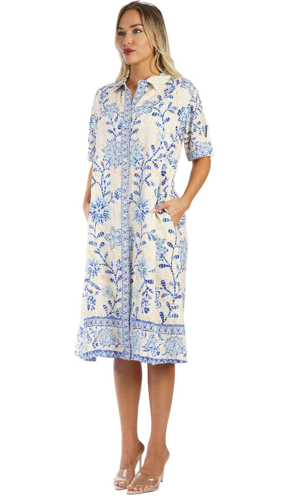 Blue Print Shirt Dress – Luxury Resort Wear Vacation Dress with Pockets  La Moda Clothing