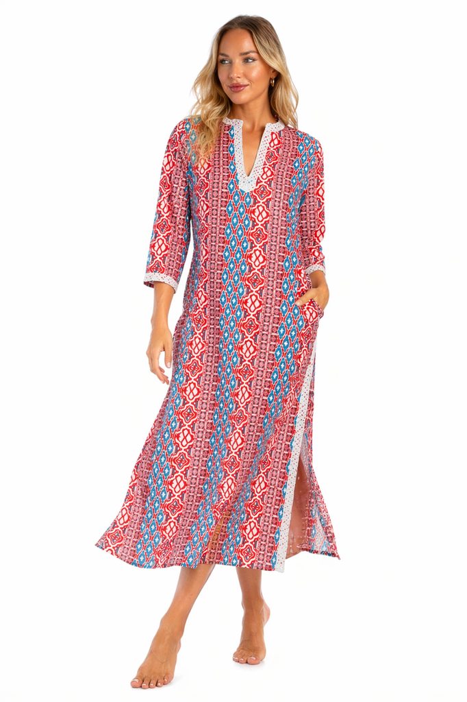 Red Multi tribal ikat geometric print in red, blue, and white Resort Maxi Kaftan — side detail | Bulk B2B resort wear prep...