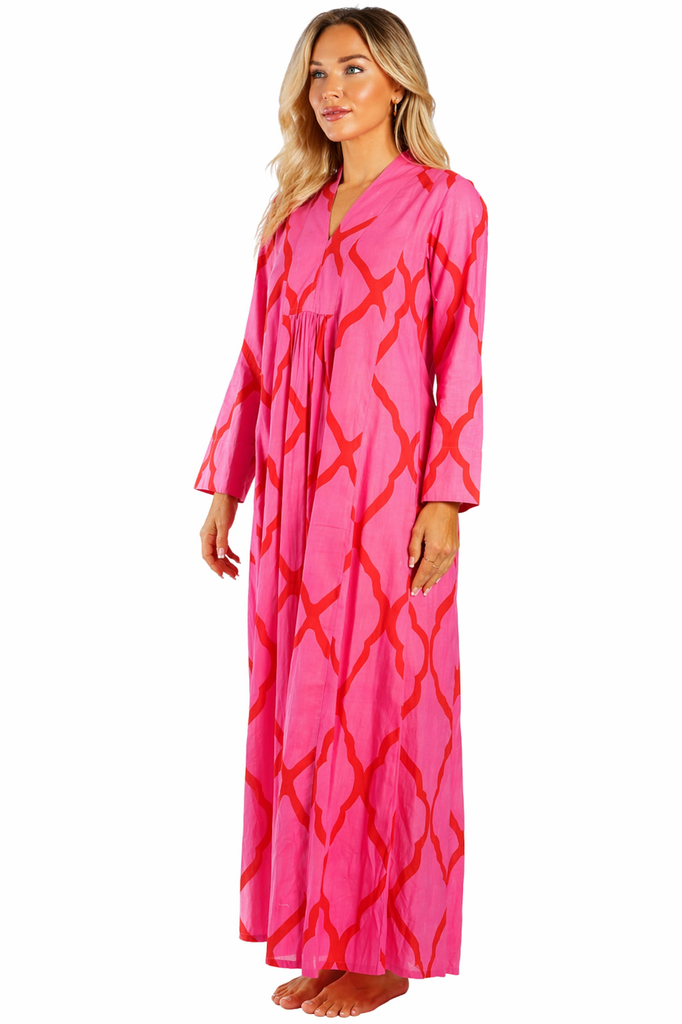 Hot Pink modern abstract ikat brushstroke print Flowy Resort Maxi Kaftan — side detail | Bulk B2B resort wear prepack, 6-p...