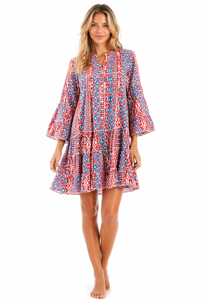 Red Multi vibrant geometric block print in red and blue on white Tiered Boho Mini Dress — front view | Wholesale resort we...