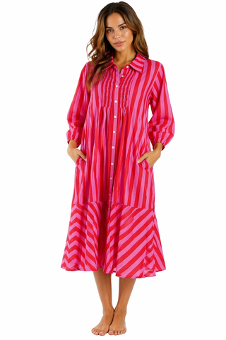 Magenta Pink bold candy-stripe vertical stripe in magenta pink and orange Button-Front Midi Shirt Dress — front view | Who...