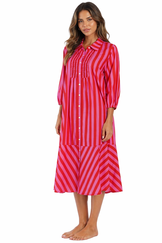 Magenta Pink bold candy-stripe vertical stripe in magenta pink and orange Button-Front Midi Shirt Dress — side detail | Bu...