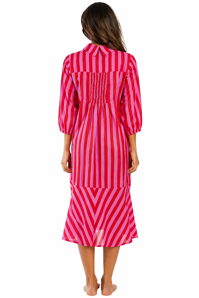 Magenta Pink bold candy-stripe vertical stripe in magenta pink and orange Button-Front Midi Shirt Dress — back view | Cari...
