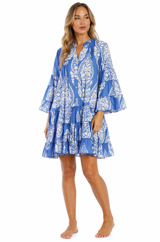 Cobalt Blue block-print damask motifs in cobalt blue on white Tiered Boho Mini Dress — front view | Wholesale resort wear ...