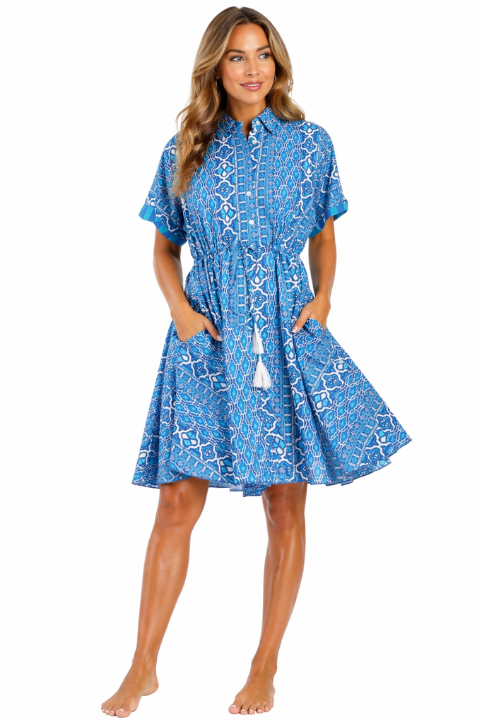 Navy Blue coastal starfish and sea-life motif in navy blue on white Fit-and-Flare Shirt Dress — front view | Wholesale res...
