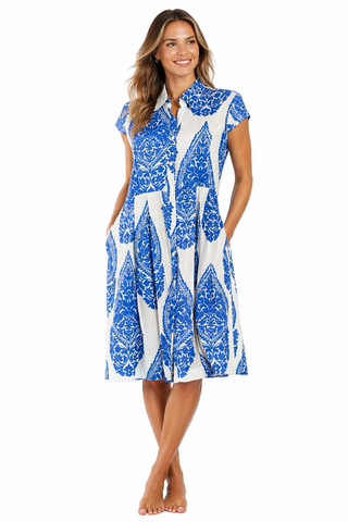 Blue ornamental medallion / damask motif in blue on ivory A-Line Shirt Dress — front view | Wholesale resort wear for bout...