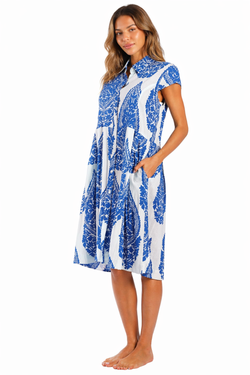 Blue ornamental medallion / damask motif in blue on ivory A-Line Shirt Dress — side detail | Bulk B2B resort wear prepack,...