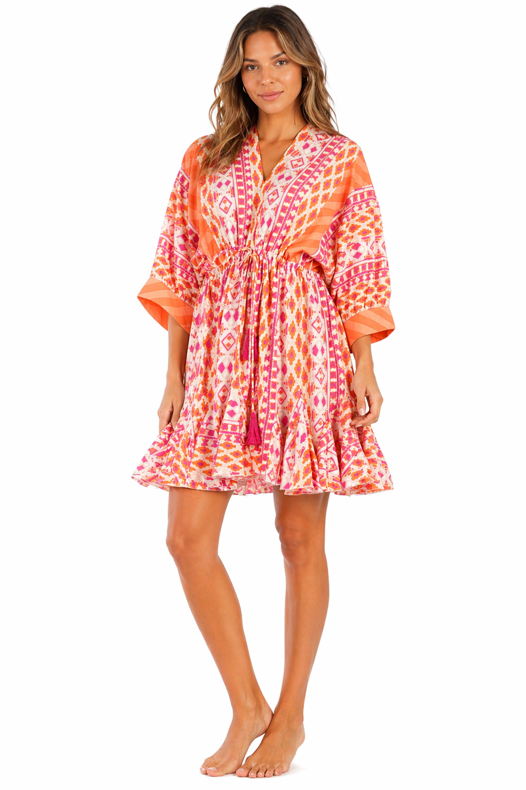 Coral vibrant ikat tribal print with ombre coral-pink-orange gradi Tiered Boho Mini Dress — side detail | Bulk B2B resort ...