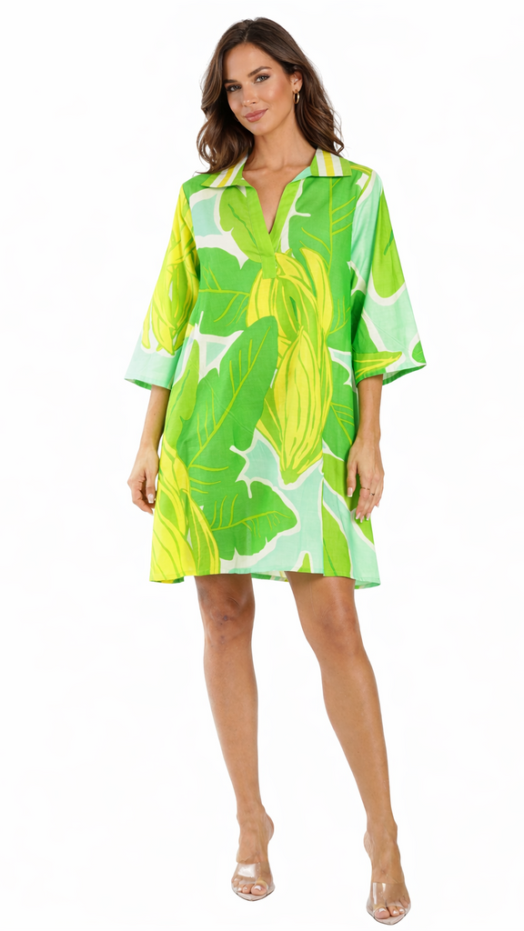 Green Tropical Tunic Dress – Luxury Resort Wear Vacation Cover Up  La Moda Clothing