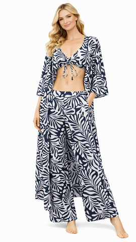 3-Piece Tropical Print Beach Set Wholesale | Resort Wear Kimono, Top & Pants  La Moda Clothing