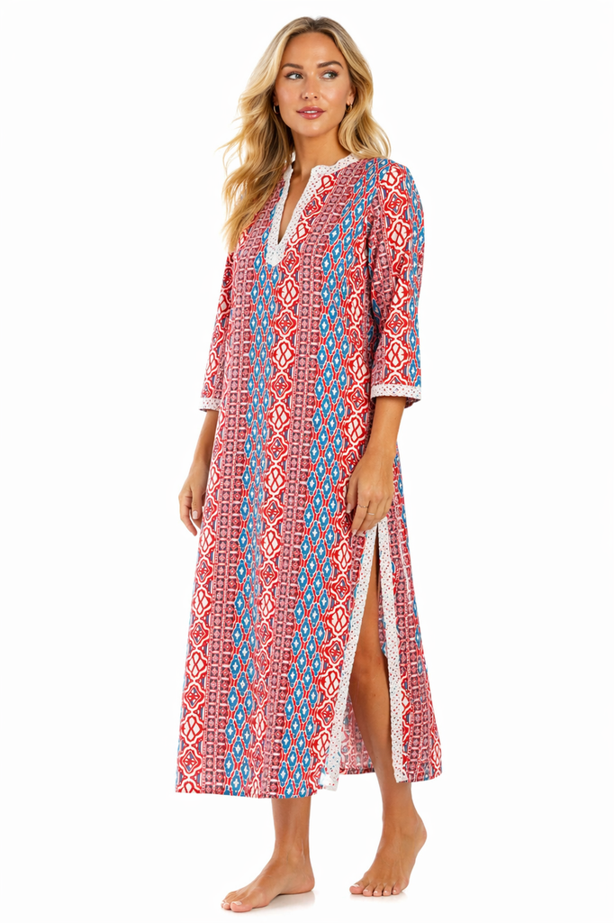 Red Multi tribal ikat geometric print in red, blue, and white Resort Maxi Kaftan — front view | Wholesale resort wear for ...