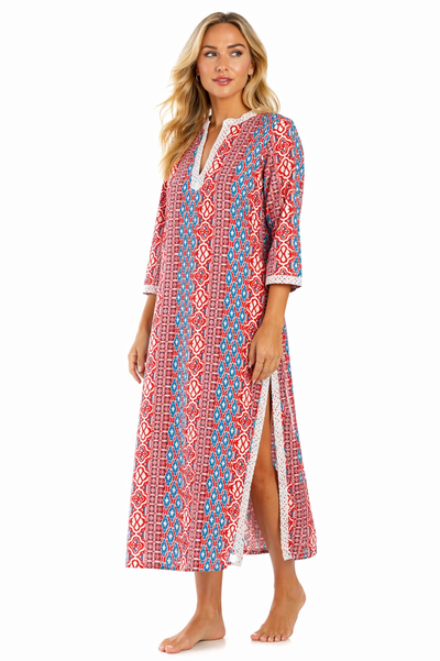 Red Multi tribal ikat geometric print in red, blue, and white Resort Maxi Kaftan — front view | Wholesale resort wear for ...