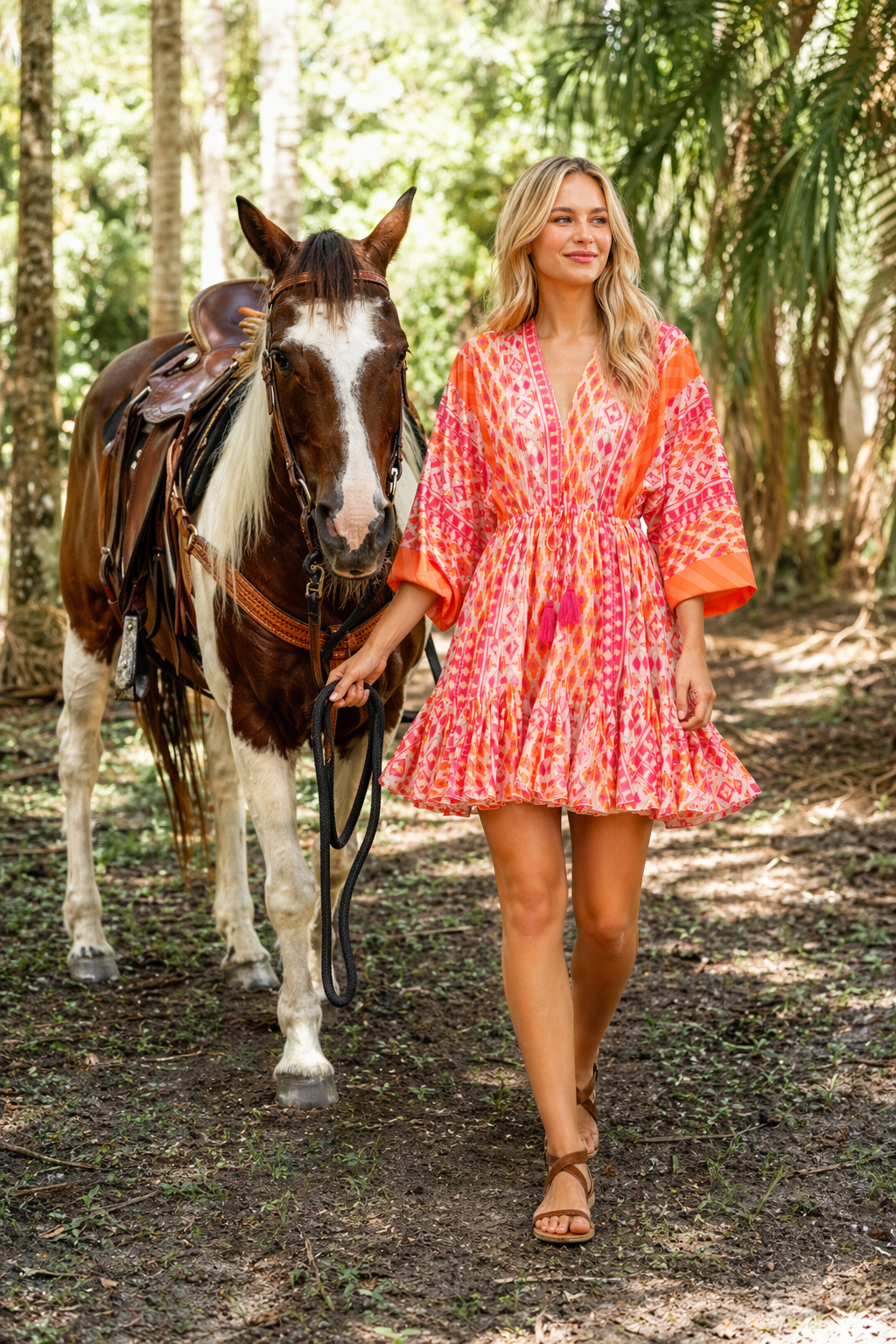 Coral vibrant ikat tribal print with ombre coral-pink-orange gradi Tiered Boho Mini Dress — detail view | Wholesale tropic...