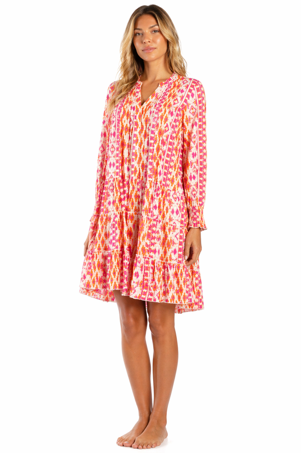 Pink zig-zag ikat / chevron tribal print in pink and orange on cr Tiered Boho Mini Dress — side detail | Bulk B2B resort w...