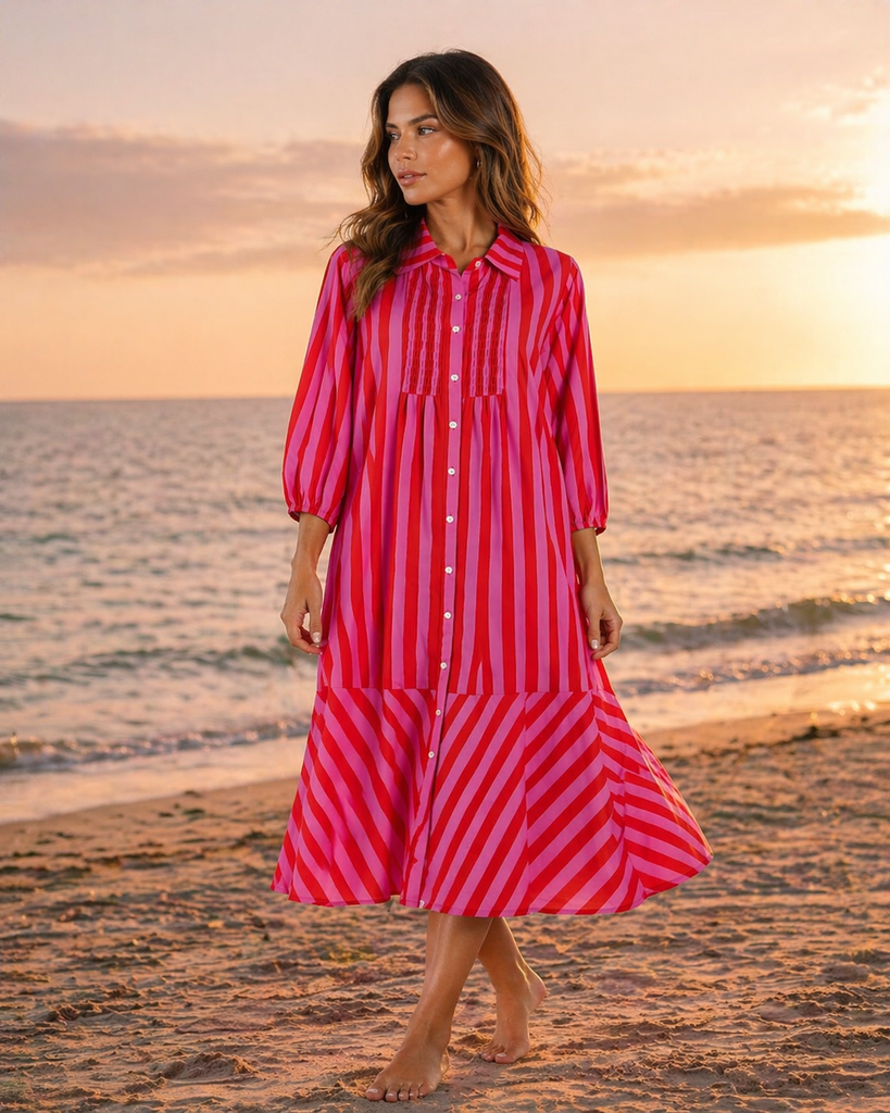 Magenta Pink bold candy-stripe vertical stripe in magenta pink and orange Button-Front Midi Shirt Dress — close-up of prin...