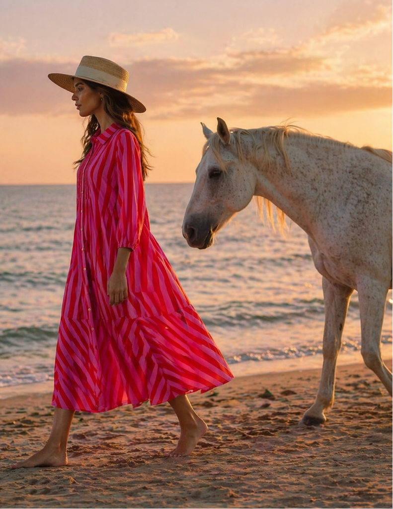 Magenta Pink bold candy-stripe vertical stripe in magenta pink and orange Button-Front Midi Shirt Dress — full-length styl...