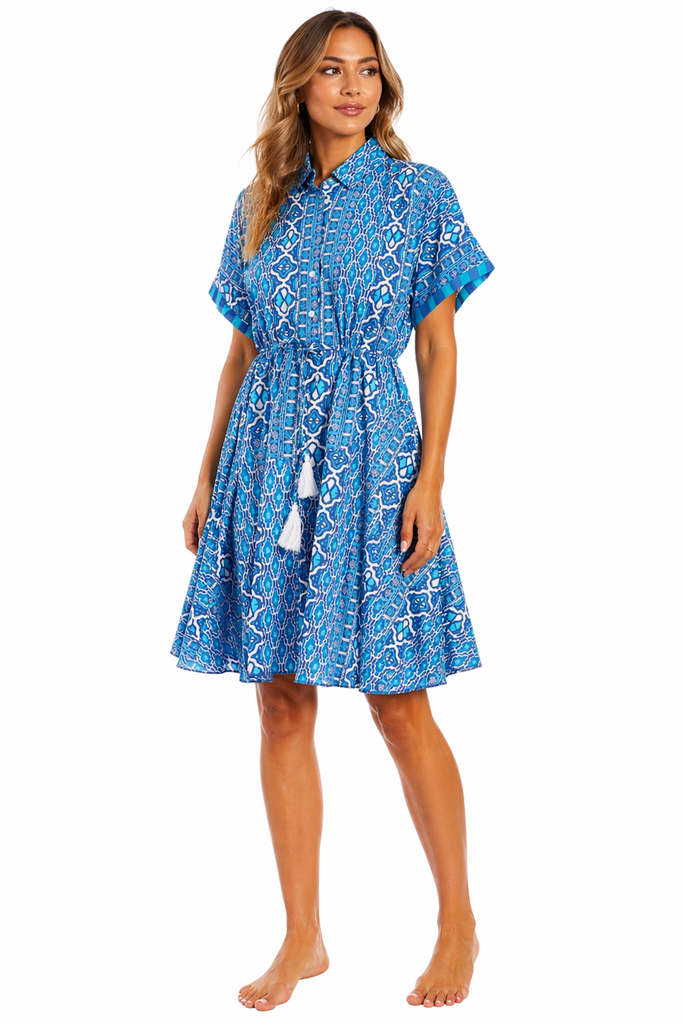 Navy Blue coastal starfish and sea-life motif in navy blue on white Fit-and-Flare Shirt Dress — side detail | Bulk B2B res...