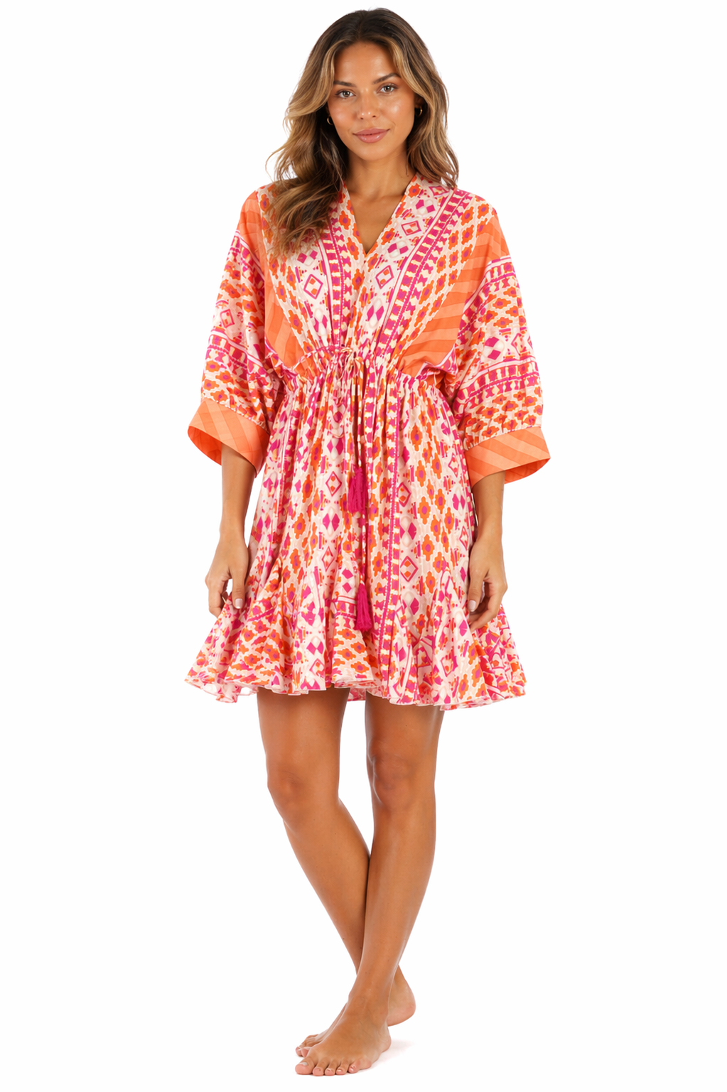 Coral vibrant ikat tribal print with ombre coral-pink-orange gradi Tiered Boho Mini Dress — front view | Wholesale resort ...