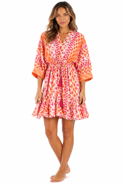 Coral vibrant ikat tribal print with ombre coral-pink-orange gradi Tiered Boho Mini Dress — front view | Wholesale resort ...