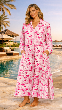Pink Tropical Maxi Shirt Dress – Luxury Resort Wear Vacation Dress  La Moda Clothing