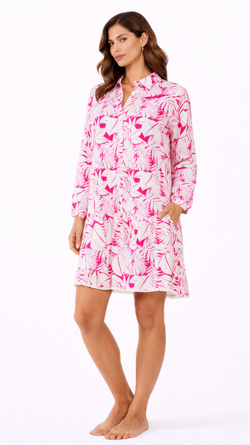 Pink Tropical Print Mini Dress – Luxury Resort Wear Vacation Dress  La Moda Clothing