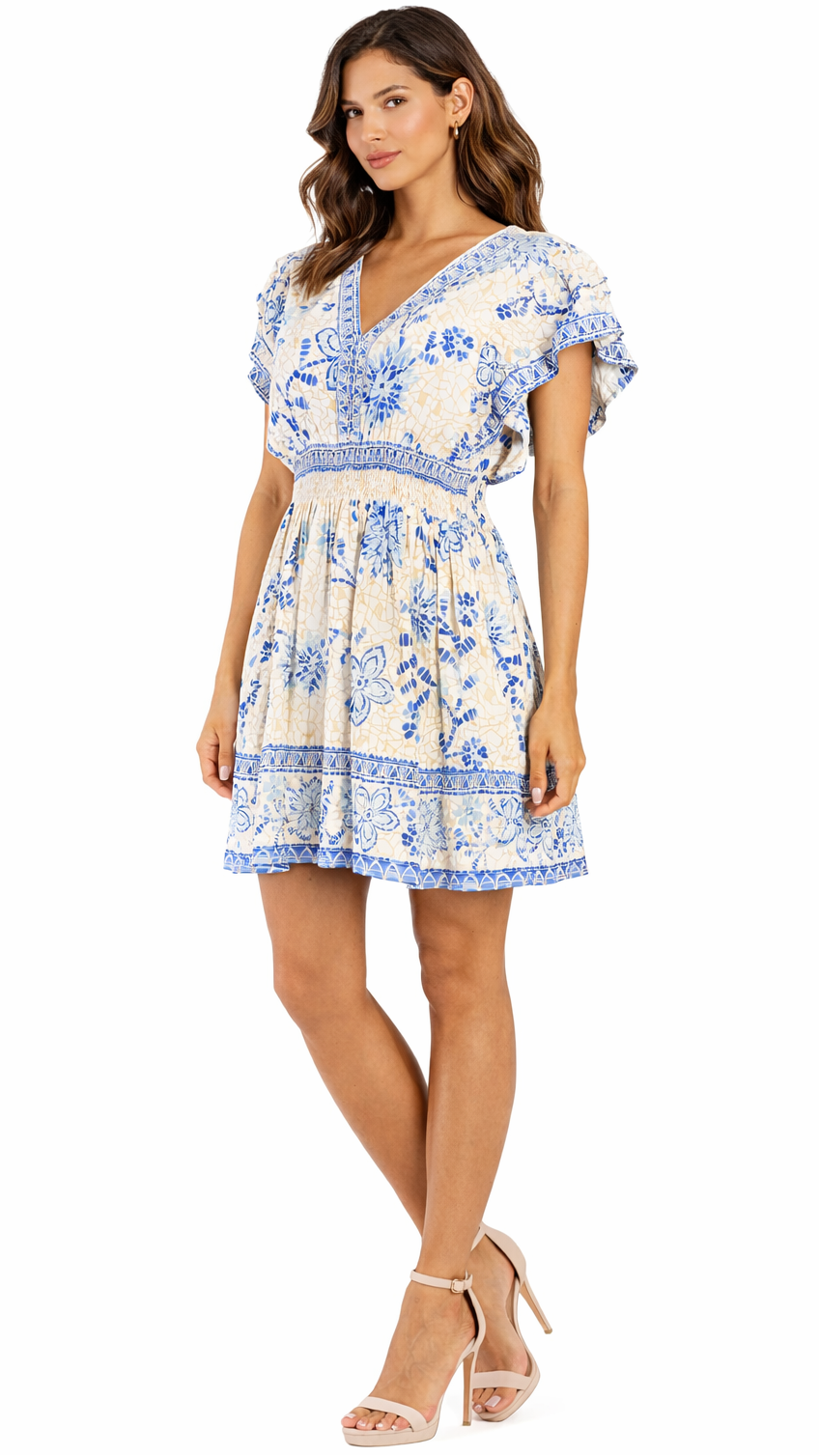 Blue Floral Resort Wear Mini Dress | Luxury Vacation Dress  La Moda Clothing
