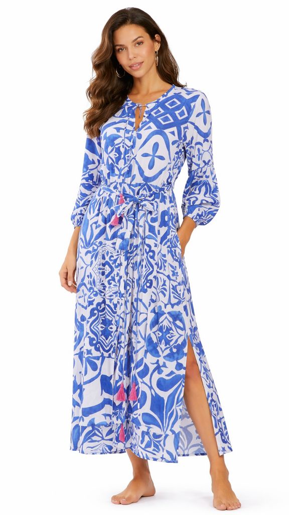 Blue Mediterranean Caftan Dress | Luxury Resort Wear  La Moda Clothing