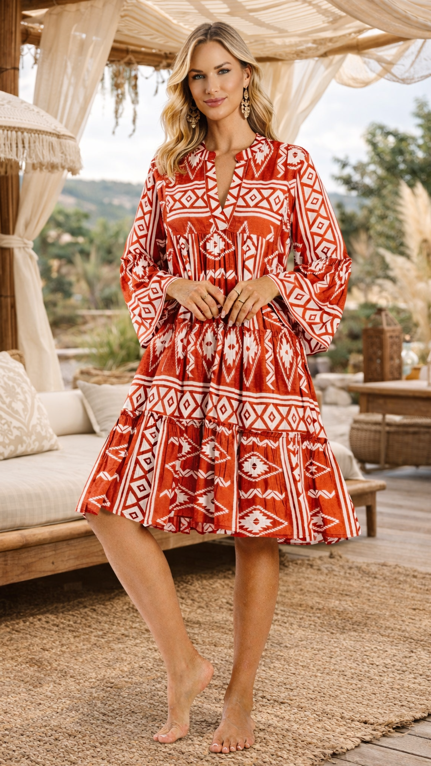 Red Boho Mini Dress Wholesale | Resort Wear Vacation Dress for Boutiques  La Moda Clothing