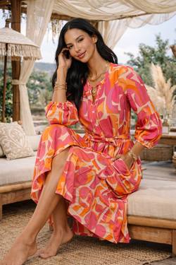 Pink Orange Printed Midi Dress Wholesale | Resort Wear Shirt Dress for Boutiques  La Moda Clothing