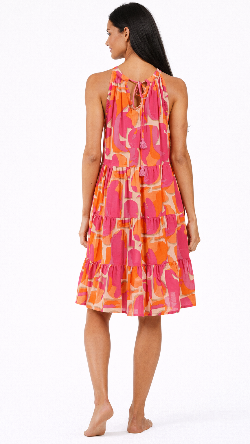 Pink Orange Halter Mini Dress Wholesale | Resort Wear Tiered Summer Dress  La Moda Clothing