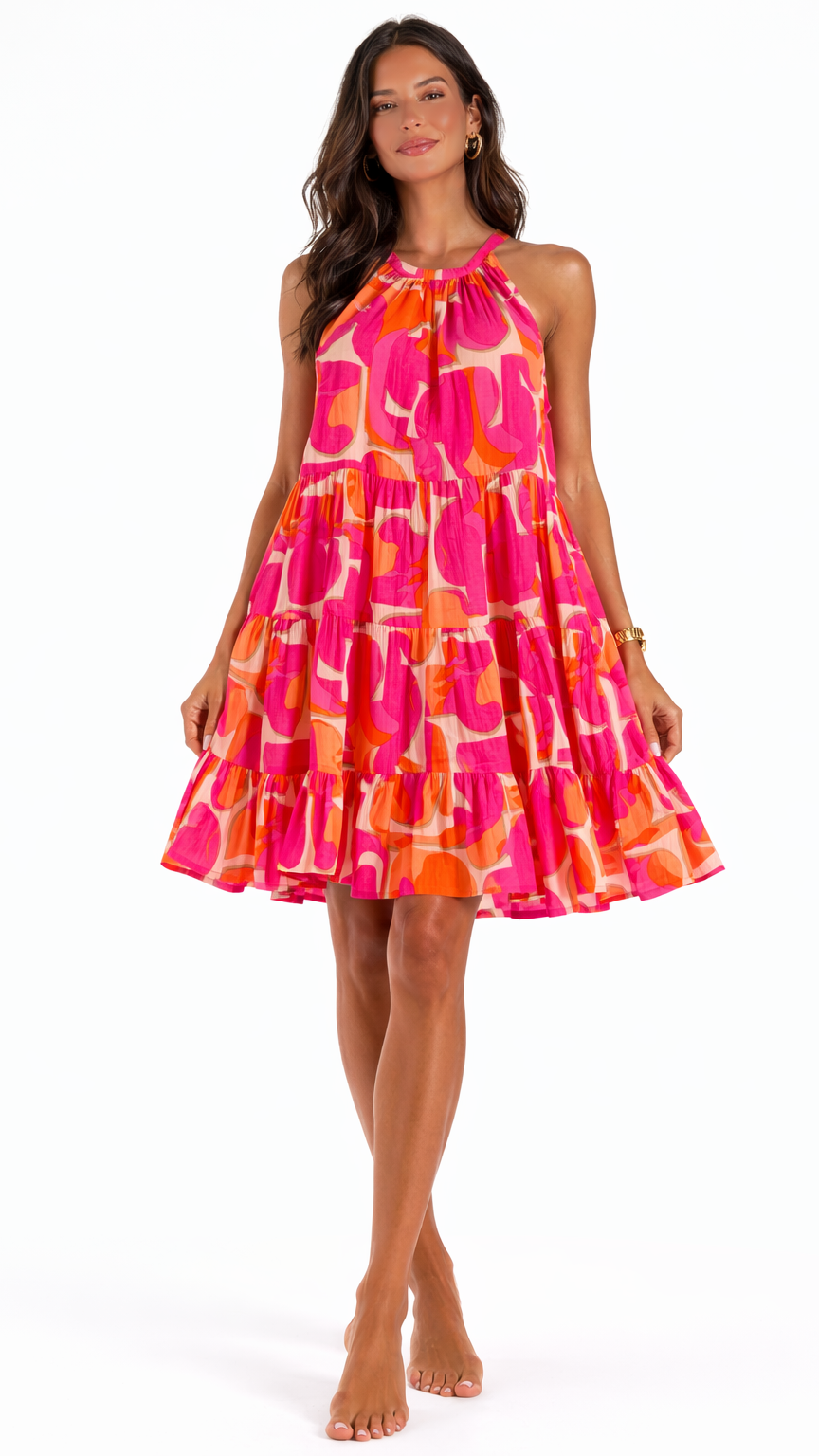 Pink Orange Halter Mini Dress Wholesale | Resort Wear Tiered Summer Dress  La Moda Clothing