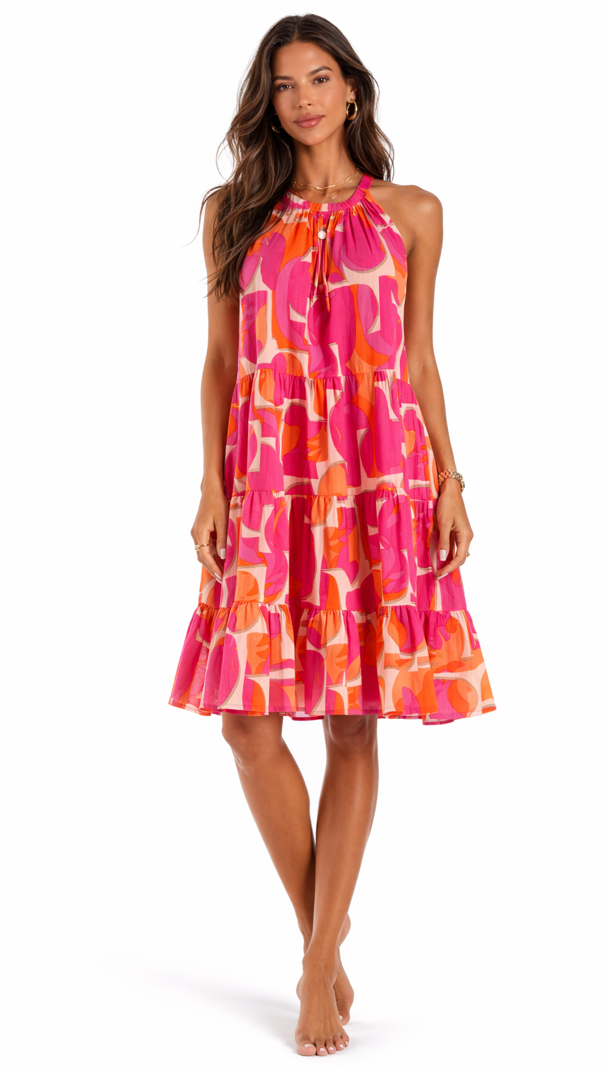 Pink Orange Halter Mini Dress Wholesale | Resort Wear Tiered Summer Dress  La Moda Clothing