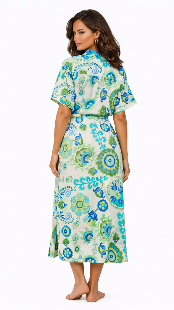 Blue Green Tropical Shirt Dress – Resort Wear Vacation Midi Dress  La Moda Clothing