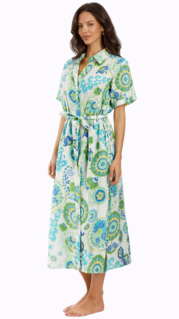 Blue Green Tropical Shirt Dress – Resort Wear Vacation Midi Dress  La Moda Clothing