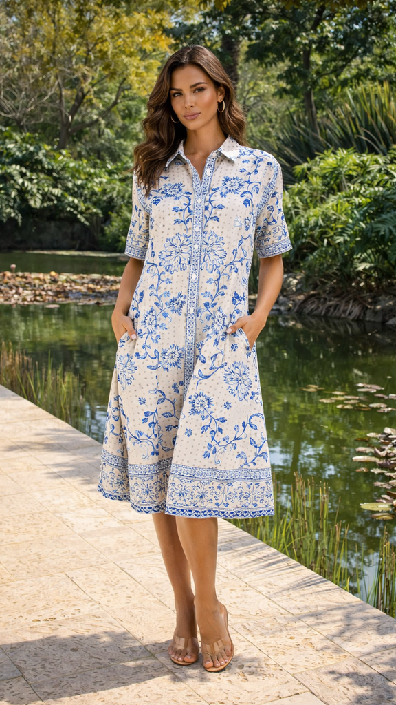 Blue Green Tropical Shirt Dress – Resort Wear Vacation Midi Dress  La Moda Clothing