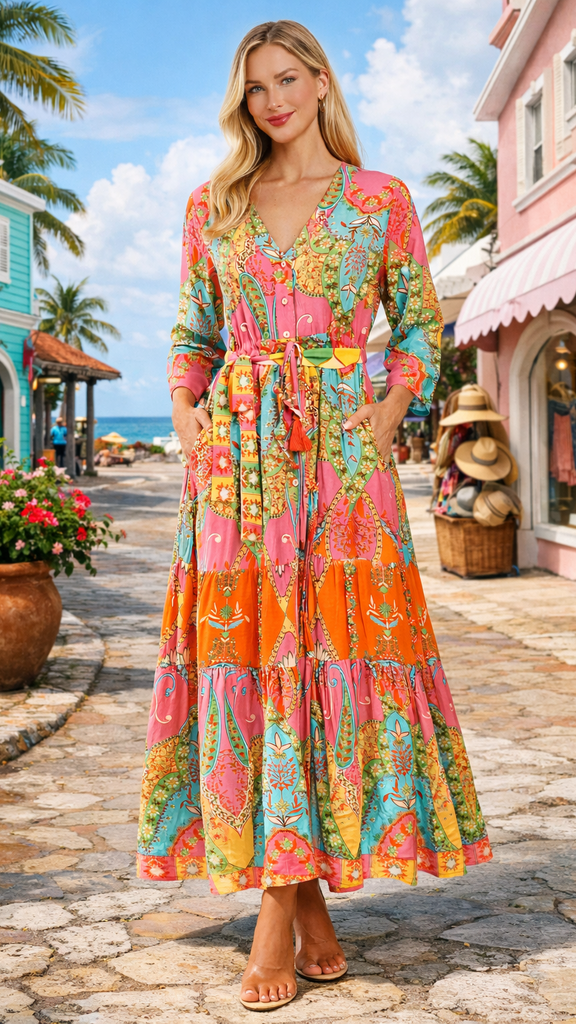 Vibrant Paisley Maxi Shirt Dress – Luxury Resort Wear Cover Up | Club Moda  La Moda Clothing