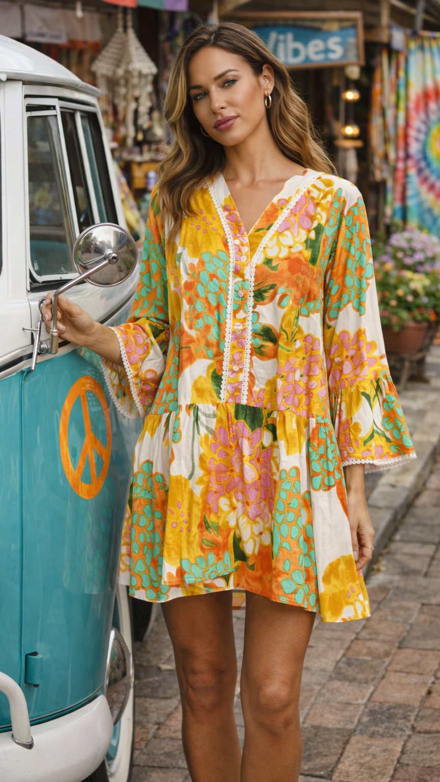 Yellow Floral Mini Dress – Luxury Resort Wear Vacation Dress  La Moda Clothing