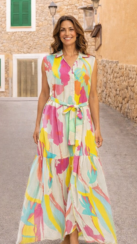 Colorful Sleeveless Maxi Shirt Dress – Luxury Resort Wear Vacation Dress  La Moda Clothing