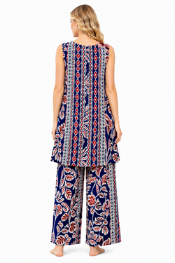 Wholesale navy batik print tunic and palazzo pant set - 6-piece pack resort co-ord