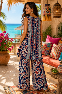 Wholesale wide-leg palazzo and tunic resort set in navy batik print - detail